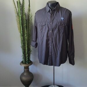 Mossimo charcoal gray long sleeve button up with patches